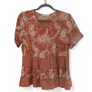 Paper Crane Rust Paisley Peplum Blouse Sz L Large NWOT Short Sleeve Shirt Top